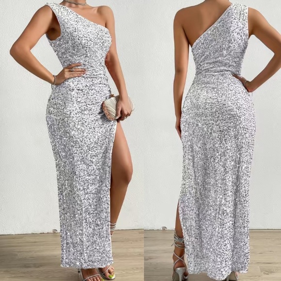 Luxe blue one shoulder slit thigh party formal evening sequins dress - Picture 8 of 16